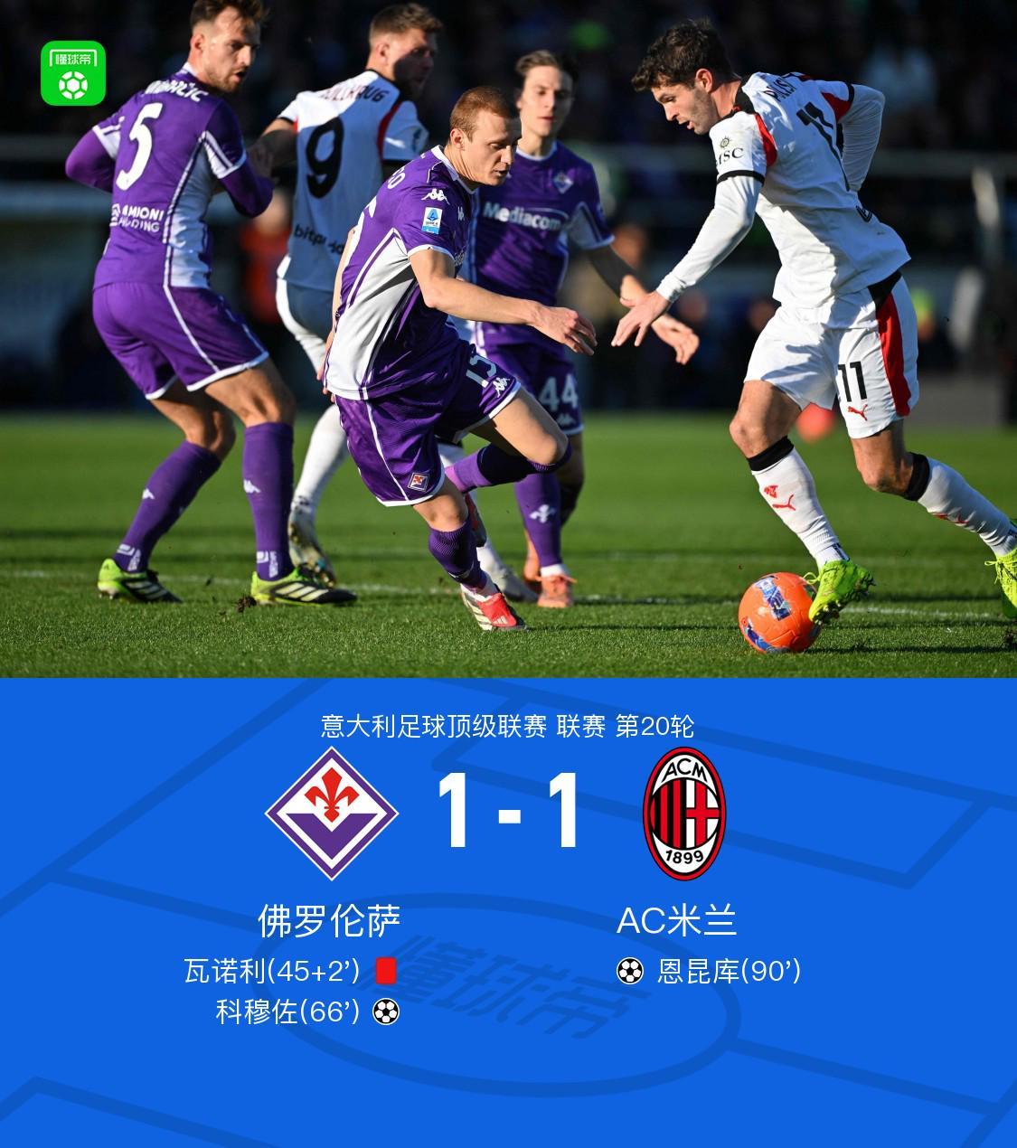 米兰客场1-1佛罗伦萨，科穆佐破门，恩昆库绝平