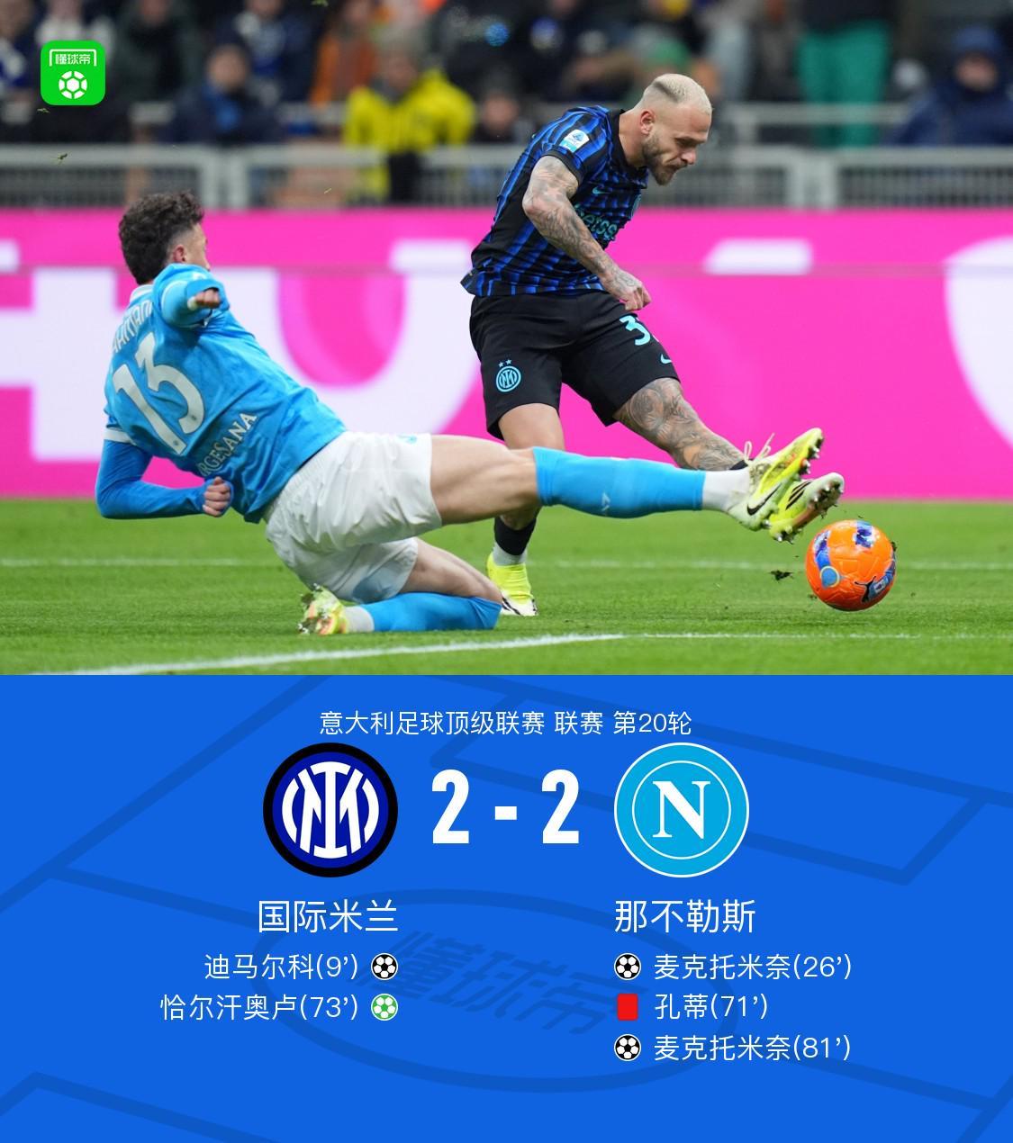 剑南春丨国米2-2那不勒斯，迪马尔科破门，麦克托米奈双响